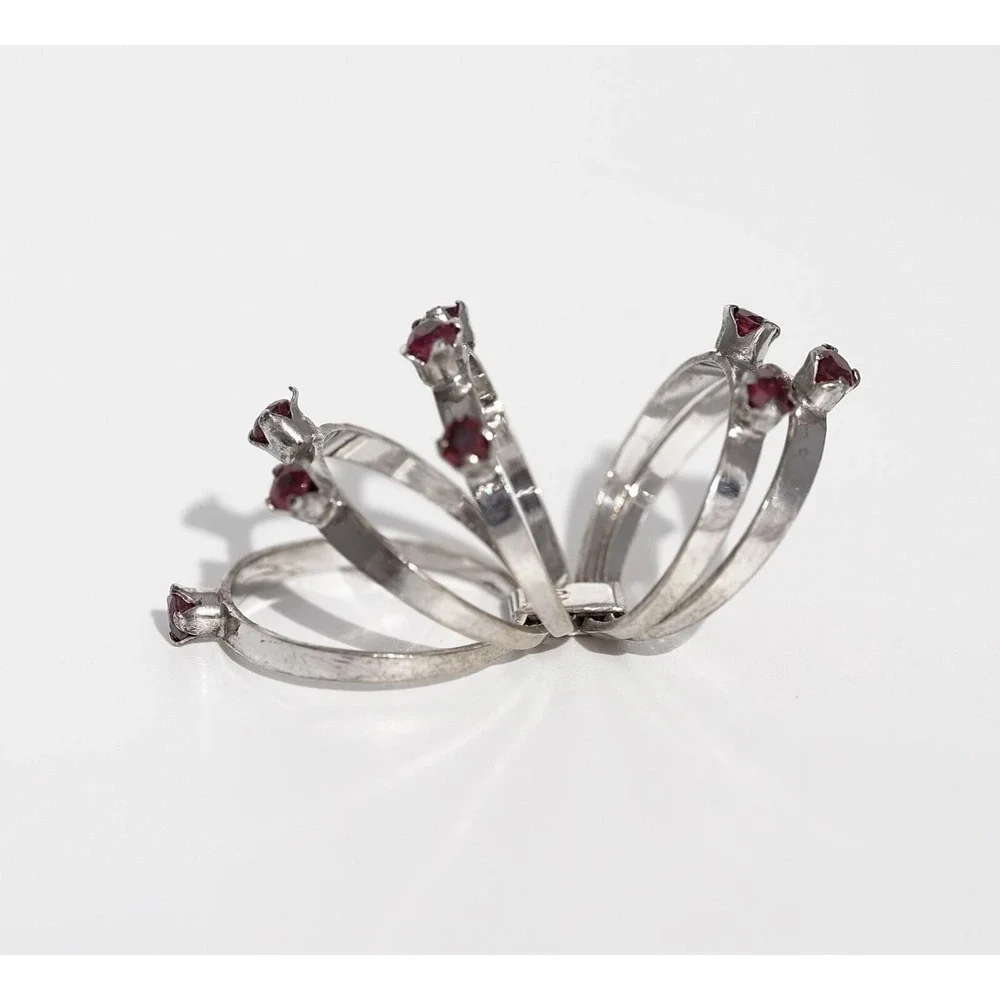 Vintage 14k‎ Solid White Gold Natural Ruby Puzzle Ring - Rows Stacked Harem